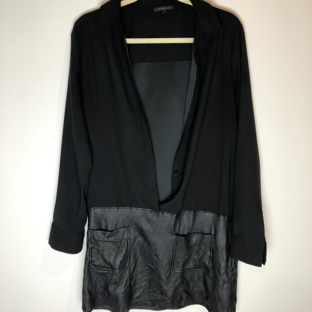 Black Cloth and Leather Long-Sleeved Tunic Shirt